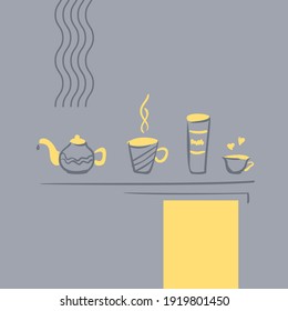 Hot beverages poster template, tea cup, coffee mug, teapot simple doodles and geometric scandinavian design elements in gray and yellow trendy colors, Cafe menu cover, flyer, card, contemporary art