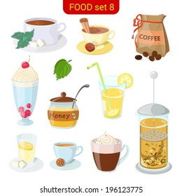 Hot beverages vector icon set. Coffee, tea, cappuccino, honey, lemonade, frappe, mint.  Food collection. High detail.