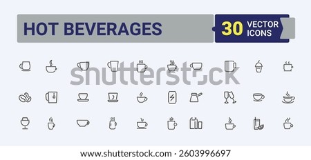 Hot Beverages vector icon set. Includes symbols for beverage, tea, cafes, espresso, breakfast, leaf and more. Coffee And Tea simple icon. Collection for mobile and web apps. Art and illustration.
