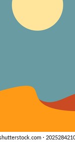 Hot big sun over yellow desert dunes, blue clear sky, Vertical background made of abstract shapes of different colors, Vector illustration flat design