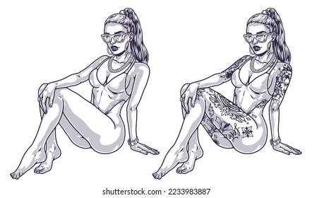 Hot bikini girl monochrome sketch portrait long haired beauties posing sits in cocky pose with and without tattoos vector illustration