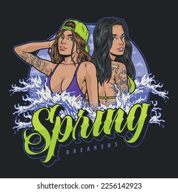 Hot bikini girls flyer colorful with two tattooed models swimming in sea or ocean during spring breakers vector illustration