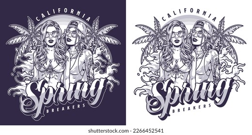 Hot bikini girls flyer monochrome spring breakers slogan for summer vacation on beach with palm trees near ocean vector illustration