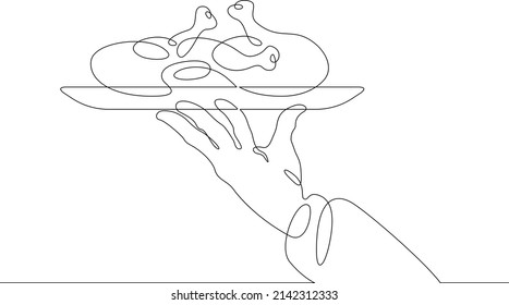 Hot bird. Chicken legs.One continuous line drawing.The waiter carries food on a tray. Food in a restaurant. A hand holds a tray. Line Art isolated white background.