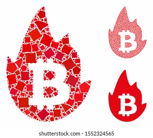 Hot bitcoin mosaic of raggy elements in various sizes and color tones, based on hot bitcoin icon. Vector raggy elements are organized into collage. Hot bitcoin icons collage with dotted pattern.
