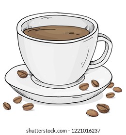 Hot black coffee in a Cup with coffee beans for Breakfast. Colorful vector illustration on white background.