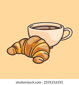 Hot black coffee in a cup and fresh croissant for coffee time