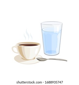 Hot black coffee cup and glass of cold water. Vector illustration cartoon flat icon isolated on white background.