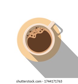 Hot black coffee in cup with shadow. Flat design vector illustration.
