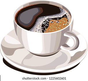 
Hot black coffee in a white cup and saucer