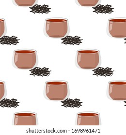 Hot black tea with a handful of dry tea seamless pattern. Simple graphic drinks background.