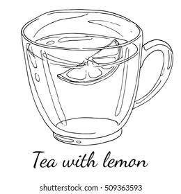 Hot black tea with a slice of lemon in a transparent cup. Hand drawn isolated illustration with the inscription