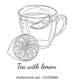 Hot black tea with a slice of lemon in a transparent cup and sliced half of a lemon. Hand drawn isolated illustration with the inscription