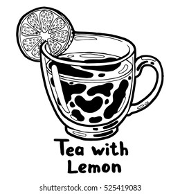 Hot black tea with a slice of lemon in a transparent cup. Hand drawn isolated illustration with the inscription on a white background