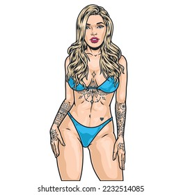 Hot blonde girl colorful label portrait lady with tattoos on body and chest in swimwear for foam party vector illustration