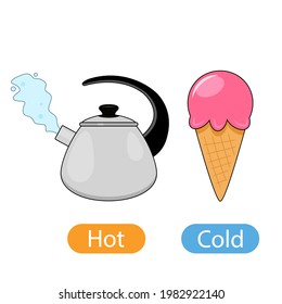 hot boiled kettle with steam and delicious cold ice cream. concept of children's learning of opposite adjectives hot and cold. vector illustration isolated on white background