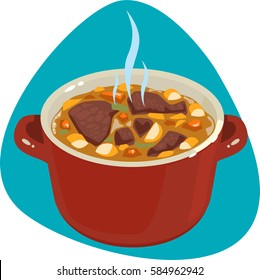 Hot braised meat in round enameled pot. Isolated. On green background.