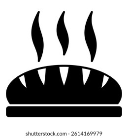 Hot bread on cutting board solid icon, wheat product concept. Vector graphics. Baked crust bread, pastry sign on white background, glyph style mobile or design