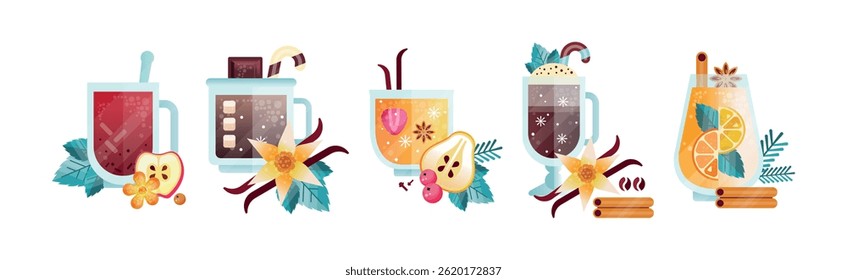 Hot Brewed Spicy Drink Poured in Glass Vector Set