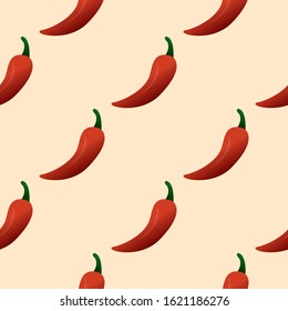 Hot bright red Chilli, chilly pepper seamless hand drawn vector pattern illustration. Bright red peppers kitchen textile, fabric, wrapping paper. Food, hot, spicy, vegetable background, spice. Vector 