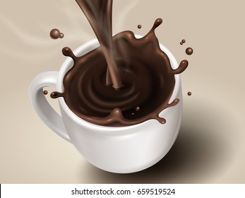 hot brown drink with special effects and smoke, realistic 3d illustration