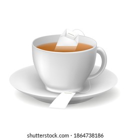 Hot brown tea cup. Closeup herbal tea cups food object with steam or smoke and teabag isolated on background