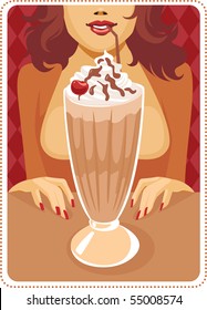 Hot brunette is drinking delicious coffee frappe drink