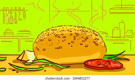 Hot bun for burger on the kitchen table. Cartoon colorful illustration, vector sketch.