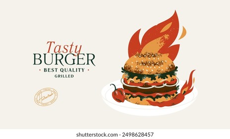 Hot burger design template. Burger in fire with chili peppers. Vector illustration.