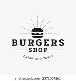 Hot burger logo fresh and tasty retro vintage.Logo for restaurant, business, label, badge and emblem.