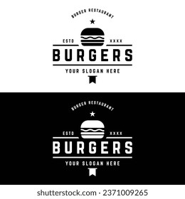 Hot burger logo fresh and tasty retro vintage.Logo for restaurant, business, label, badge and emblem.