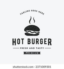 Hot burger logo fresh and tasty retro vintage.Logo for restaurant, business, label, badge and emblem.