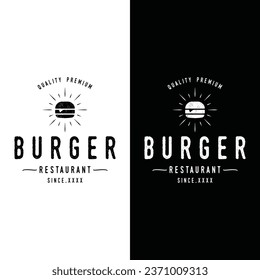 Hot burger logo fresh and tasty retro vintage.Logo for restaurant, business, label, badge and emblem.