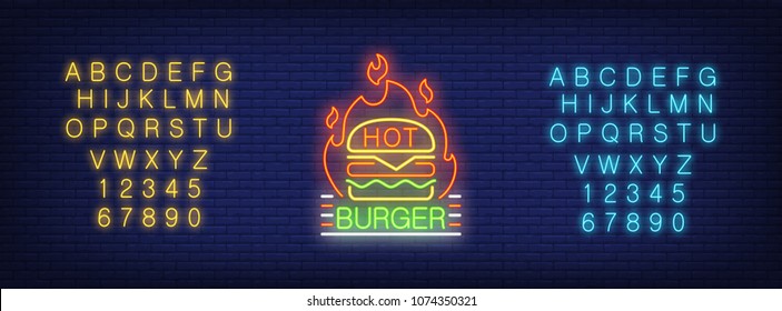 Hot burger logotype neon sign. Yellow and blue sets of English alphabet and numbers. Neon sign, night bright advertisement, colorful signboard, light banner. Vector illustration in neon style.