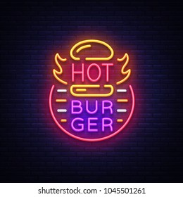 Hot Burger neon sign. Fastfood burger sandwich neon style logo, bright banner, design template, night neon advertising for dining, cafe, restaurant, snack bar, street food. Vector Illustrations