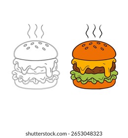 Vector caliente de la hamburguesa con el vapor, derritiendo el queso en estilo plano y de línea. Un paquete de Vector de dos hamburguesas, una hamburguesa caliente humeante de dibujos animados con queso derretido y su versión de contorno a juego.
