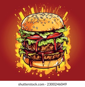 Hot burger vintage colorful poster with juicy cheeseburger and cheese with tomatoes and pickled cucumbers made on fire vector illustration