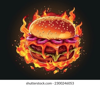 Hot burger vintage colorful poster with juicy cheeseburger and cheese with tomatoes and pickled cucumbers made on fire vector illustration
