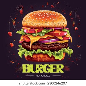 Cartel de color de la vintage hamburguesa caliente con queso jugoso eburger y queso con tomates y pepinos encurtidos hechos en ilustración del vector de incendios