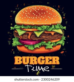 Hot burger vintage colorful poster with juicy cheeseburger and cheese with tomatoes and pickled cucumbers made on fire vector illustration