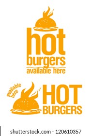 Hamburguesas calientes disponibles aquí, señales vectoriales.