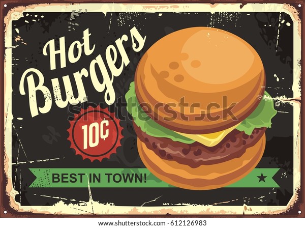 Hot Burgers Retro Tin Sign Design Stock Vector (Royalty Free) 612126983