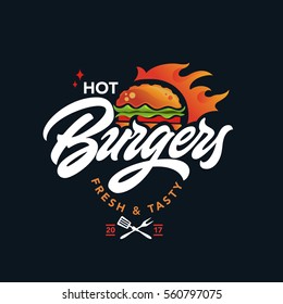 Горячие гамбургеры вектор логотип, фаст-фуд, надпись