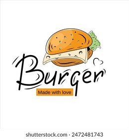 Hot Burgers Vector Logo Illustration. Hand drawn burger emblem with lettering burger. Made with love inscription. Vector art. 