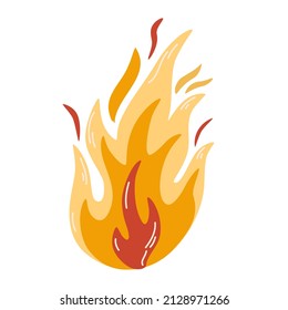 Hot burning fire icon. Hot flame, blaze symbol. Campfire, bonfire sign. Flammable pictogram with heat tongues in yellow and orange colors. Flat vector illustration isolated on white background
