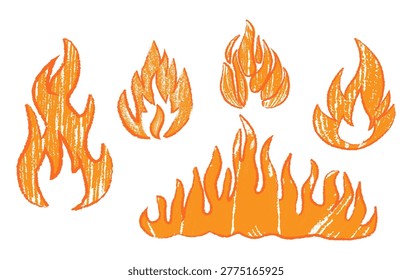 Hot burning flame with flowing tongue of fire. Glowing ember crayon drawn element set. Blaze with flicker, natural heat movement and combustion process. Vector dynamic conflagration forms