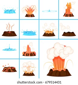 Hot burning lava from volcano and clear blue water big and small splashes isolated cartoon vector illustrations set on white background.