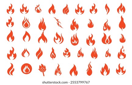 Hot burning red orange fire set. Collection of flat flaming fire design elements. Flame illustration set for logo, icon, design element for your projects.