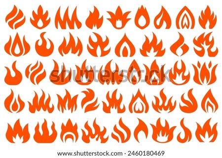 Hot burning red orange fire set. Collection of flat flaming fire design elements. Flame illustration set for logo, icon, design element for your projects.