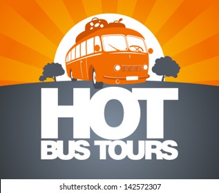 Hot bus tours design template with retro bus.